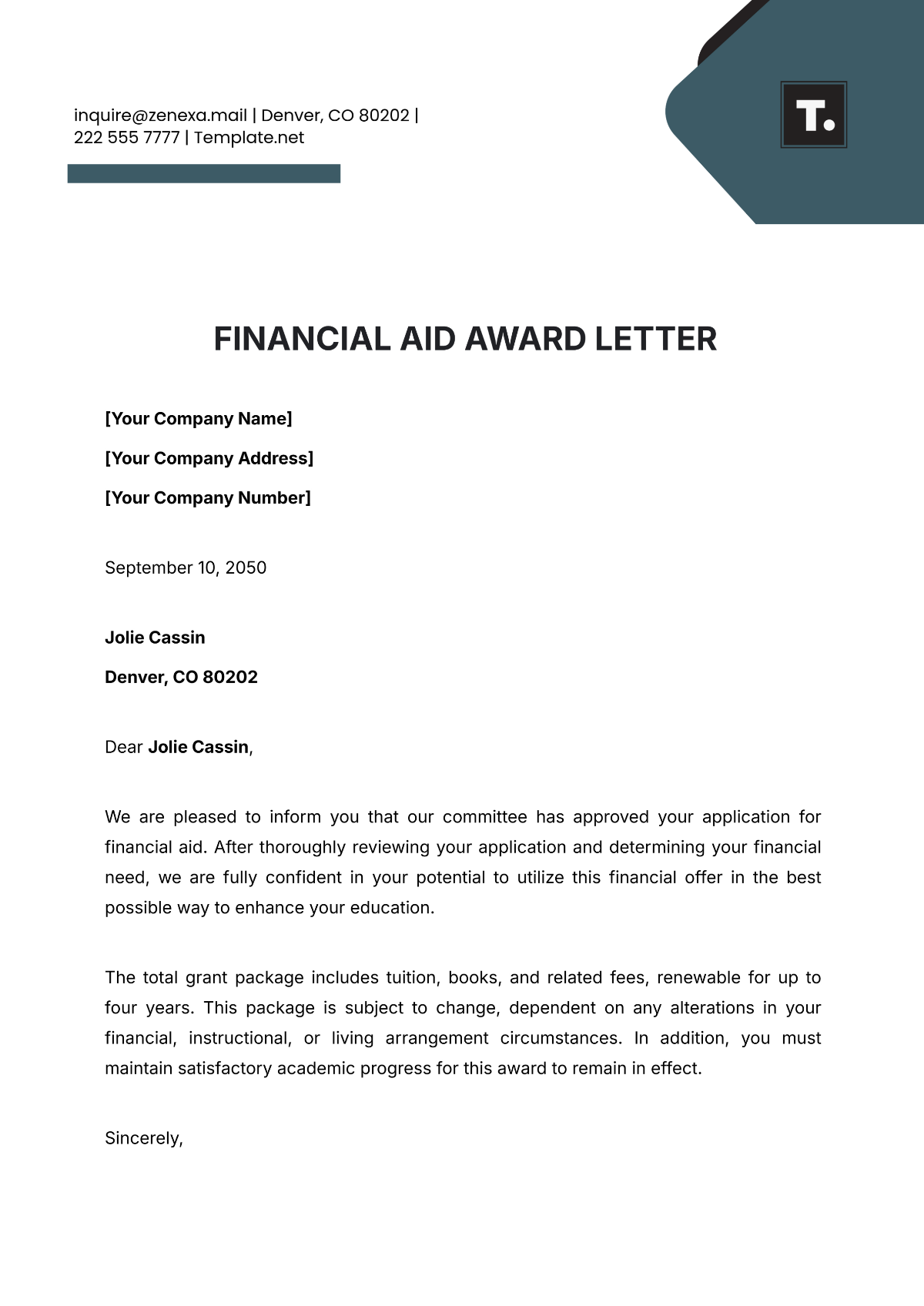 Financial Aid Award Letter Template - Edit Online & Download