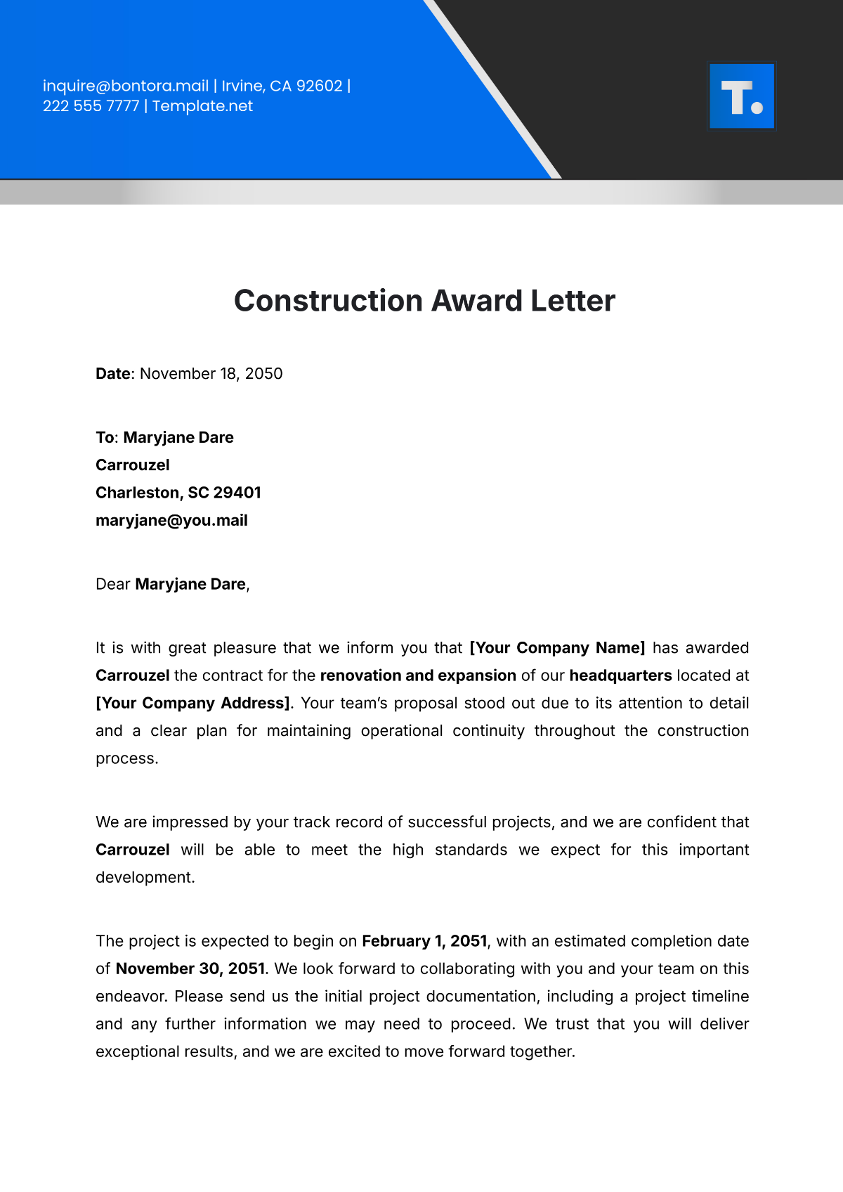 Construction Award Letter Template - Edit Online & Download