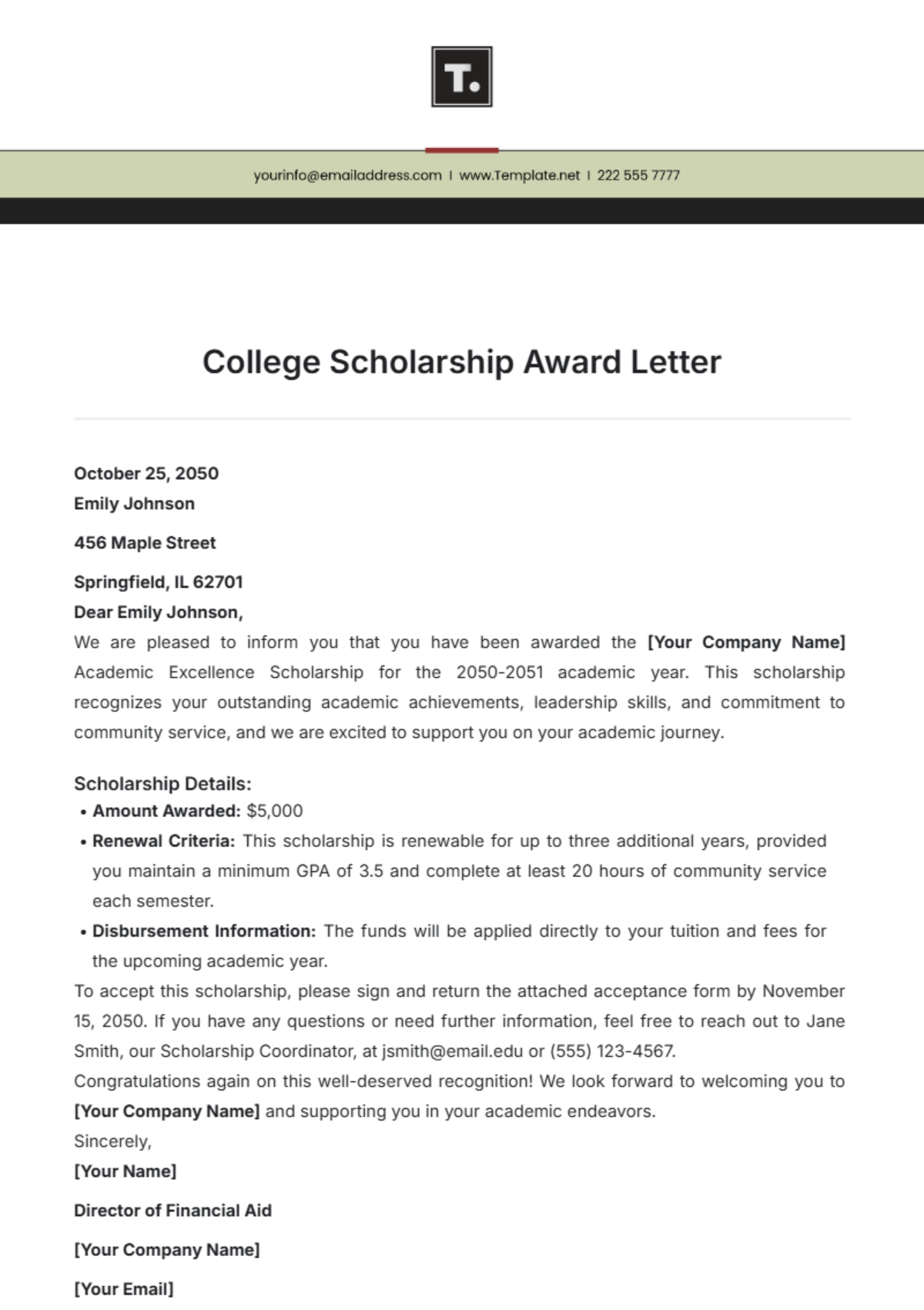 College Scholarship Award Letter Template - Edit Online & Download