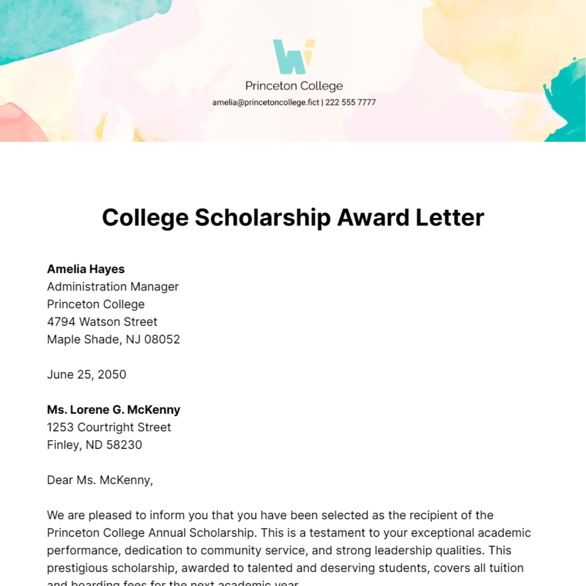 College Scholarship Award Letter Template