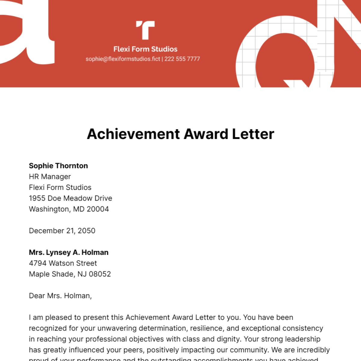 Achievement Award Letter Template