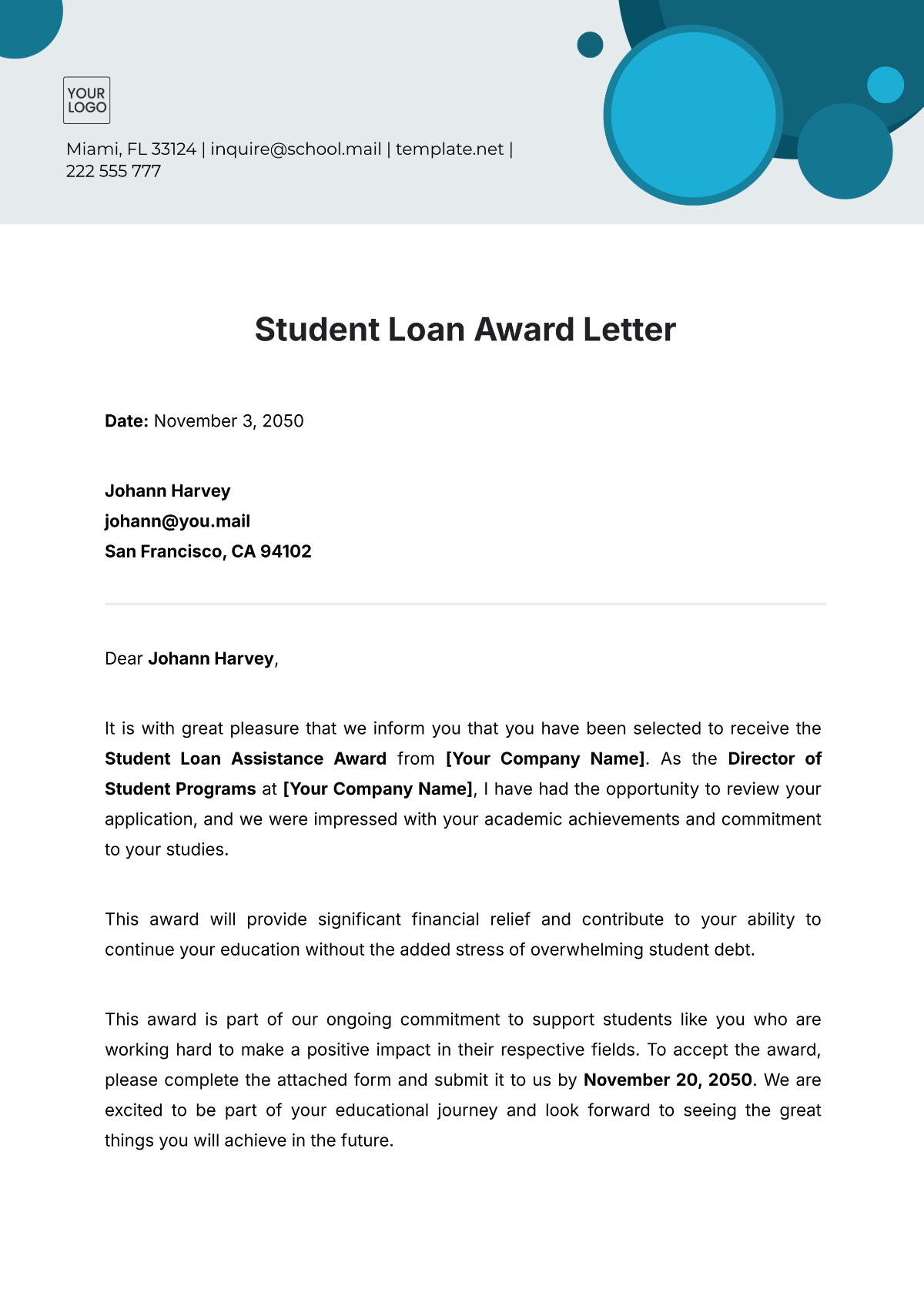 Student Loan Award Letter Template - Edit Online & Download