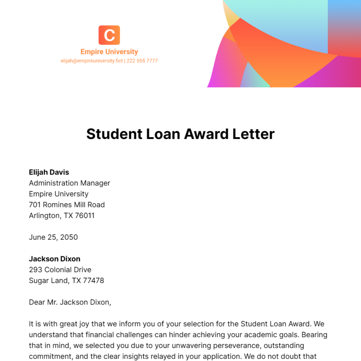 Student Loan Award Letter Template