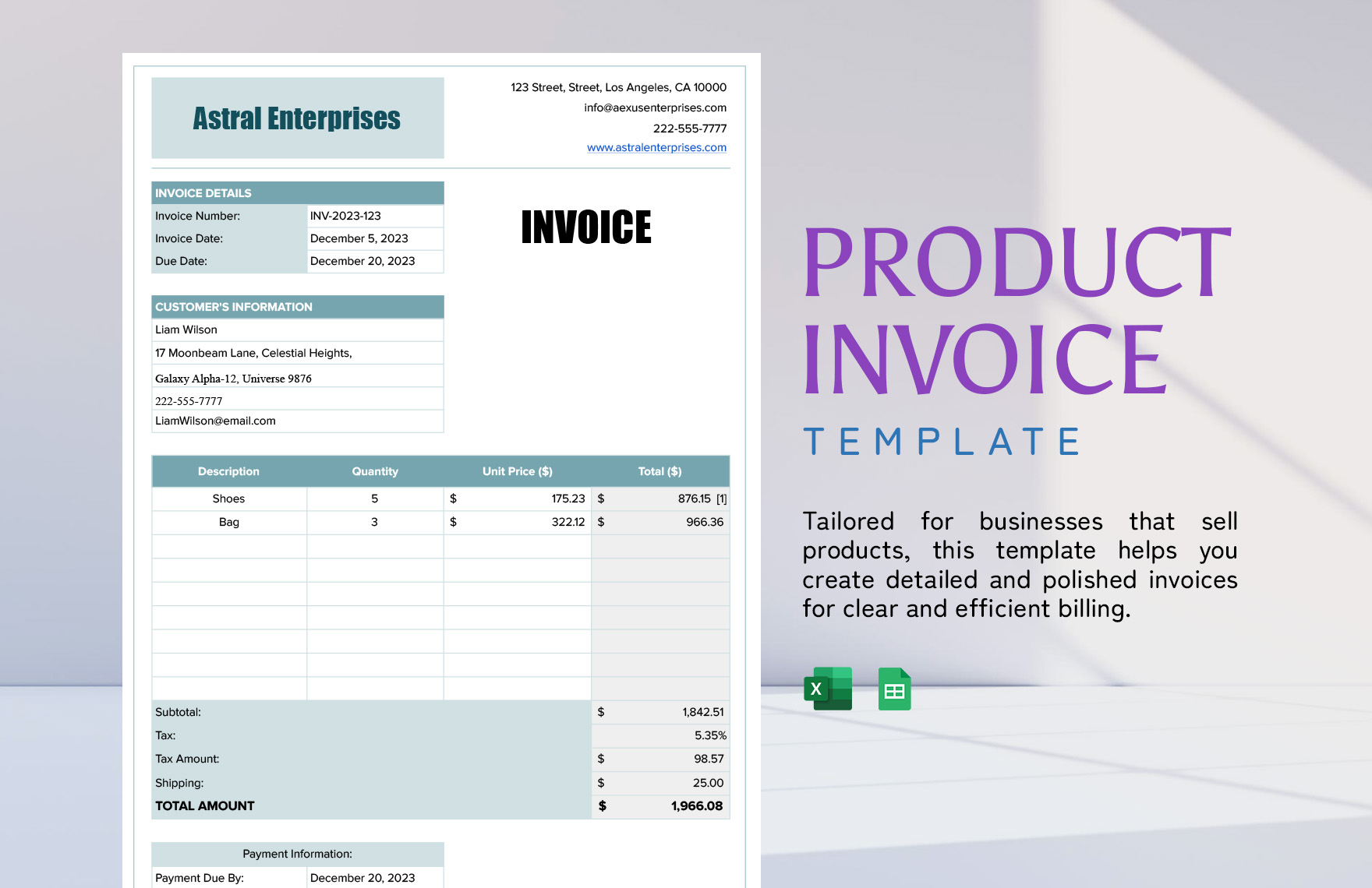 Product Invoice Template in Excel, Google Sheets - Download | Template.net