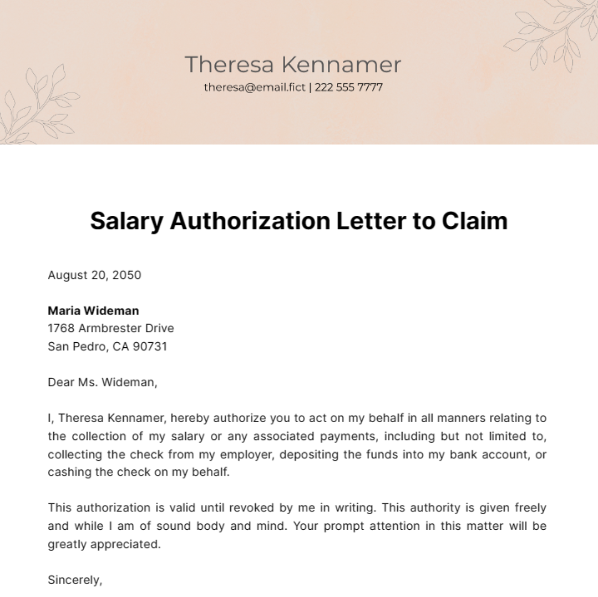 Salary Authorization Letter to Claim Template