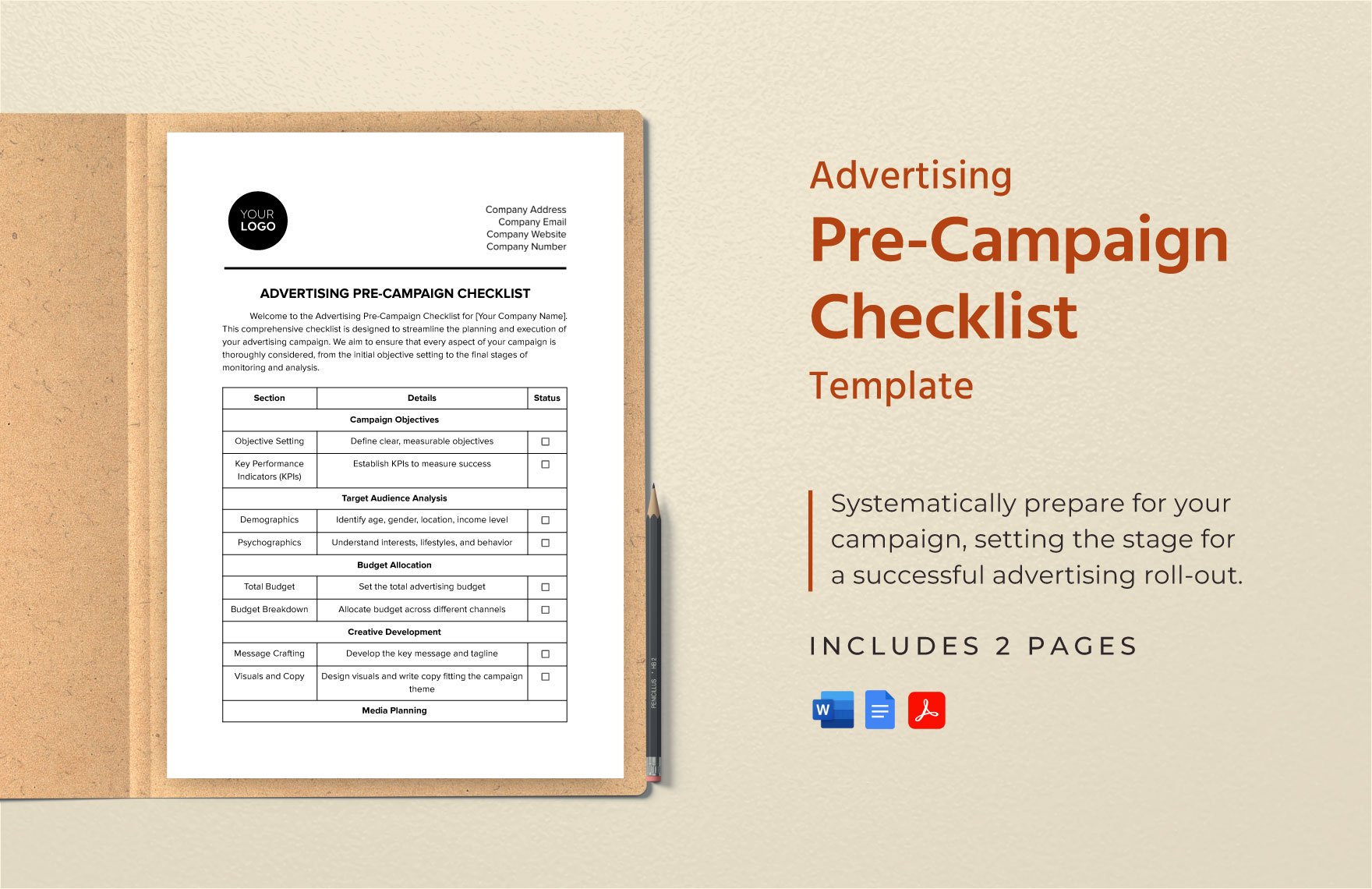 Advertising Pre-Campaign Checklist Template in Word, Google Docs, PDF