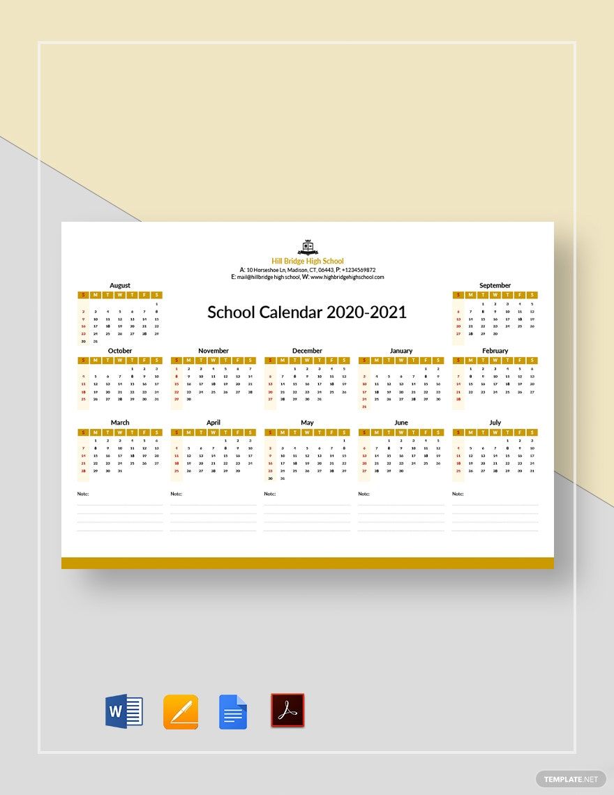 Editable School Calendar Template Google Docs Word Apple Pages PDF