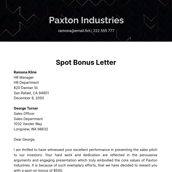 Spot Bonus Letter Template