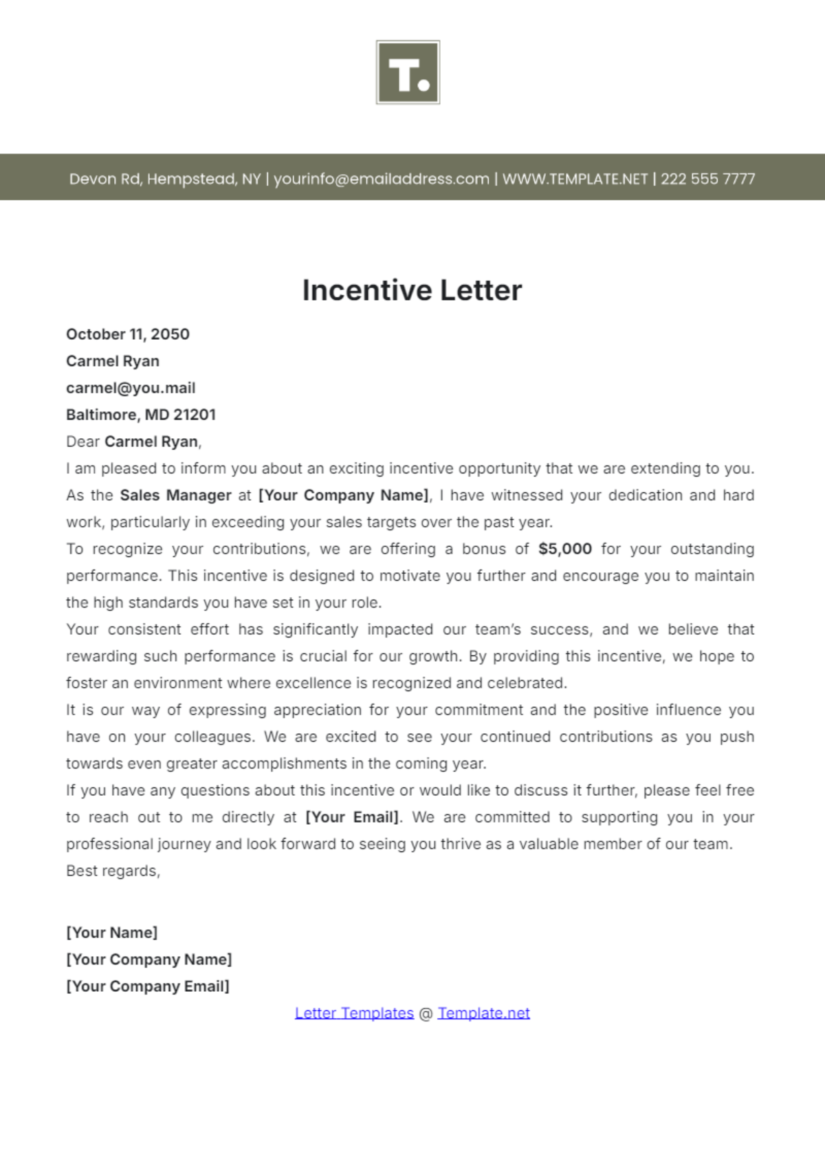 Incentive Letter Template - Edit Online & Download