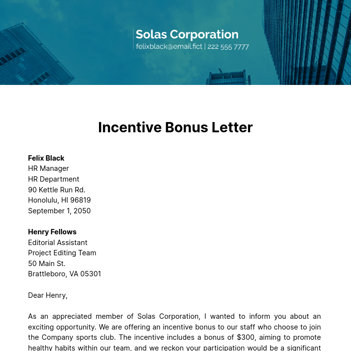 Incentive Bonus Letter Template