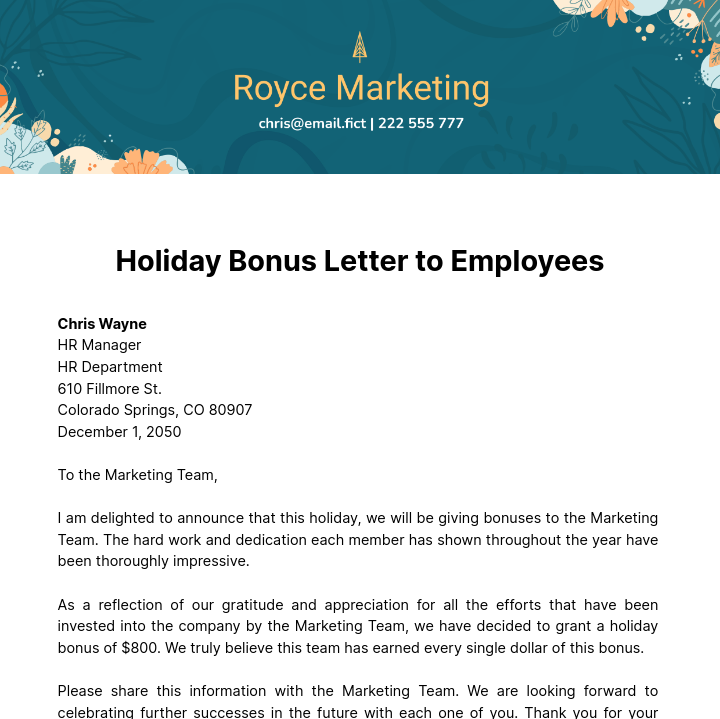 Holiday Bonus Letter to Employees Template
