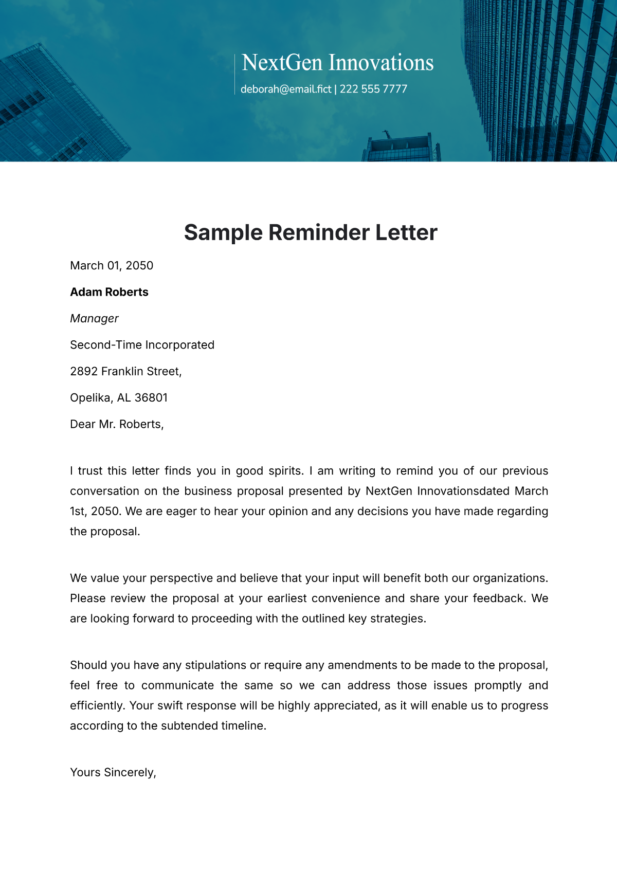 Free Sample Reminder Letter Template
