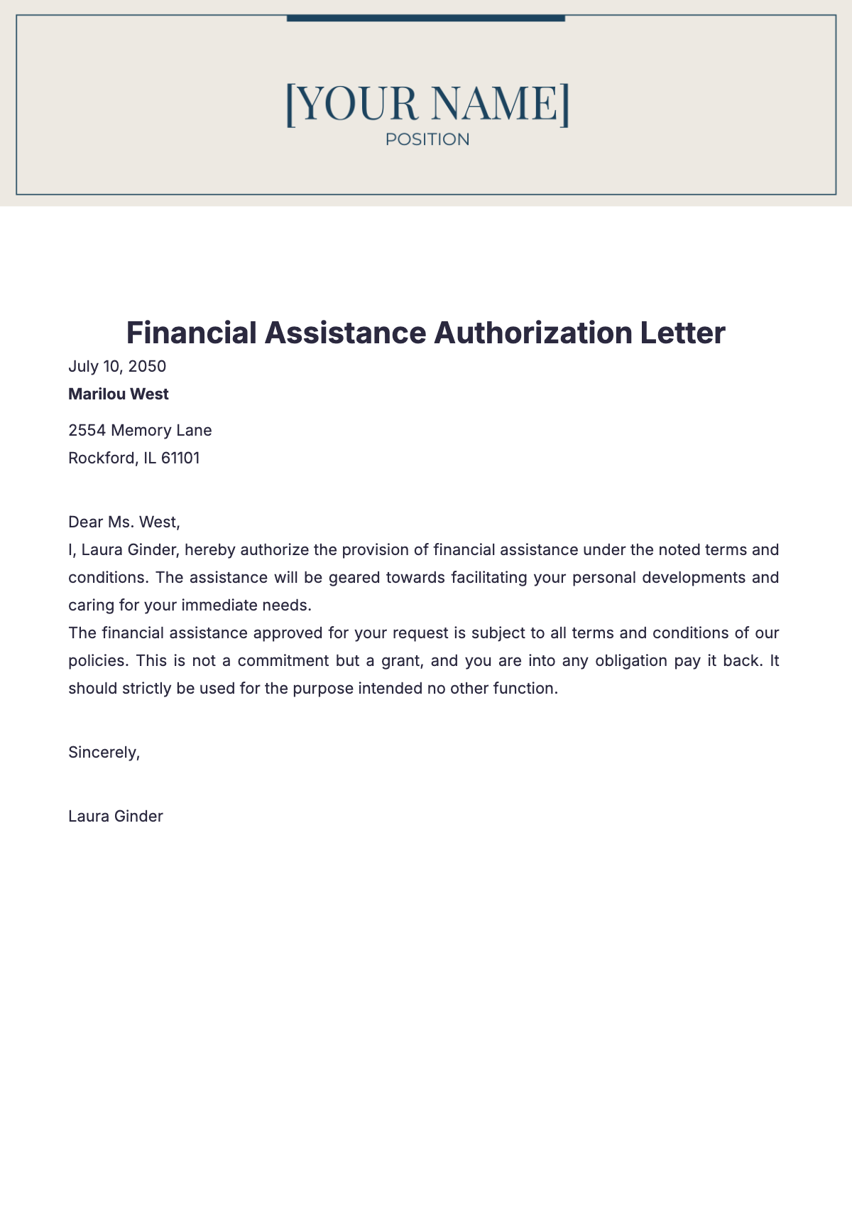 Financial Assistance Authorization Letter Template - Edit Online & Download