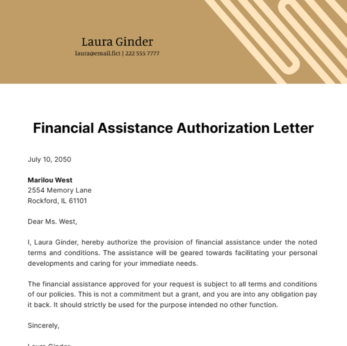 Financial Assistance Authorization Letter Template