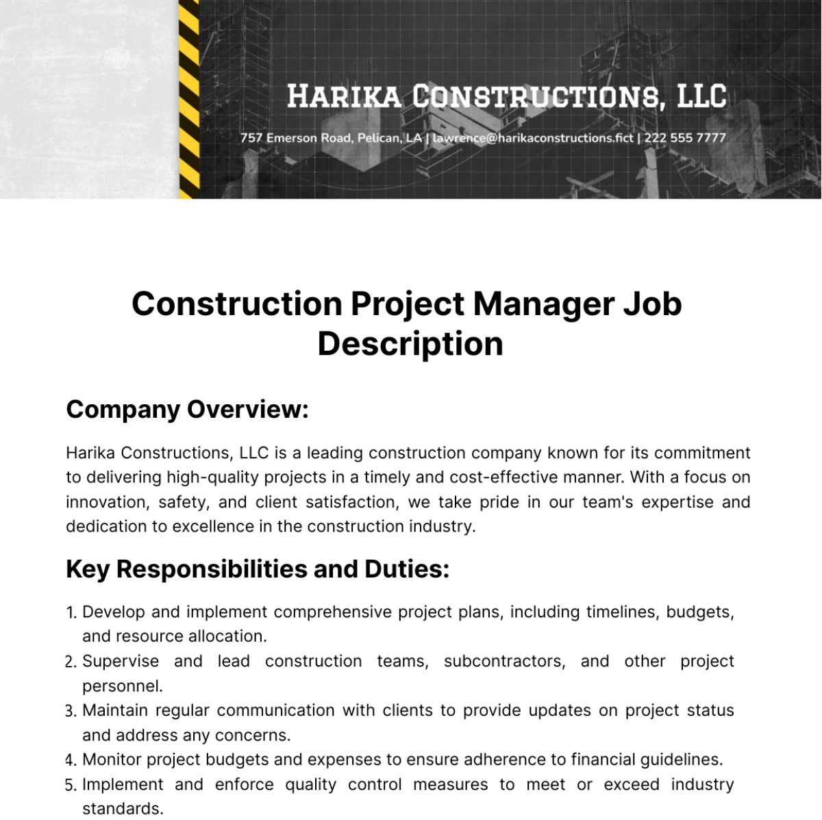 Construction Project Manager Job Description Template