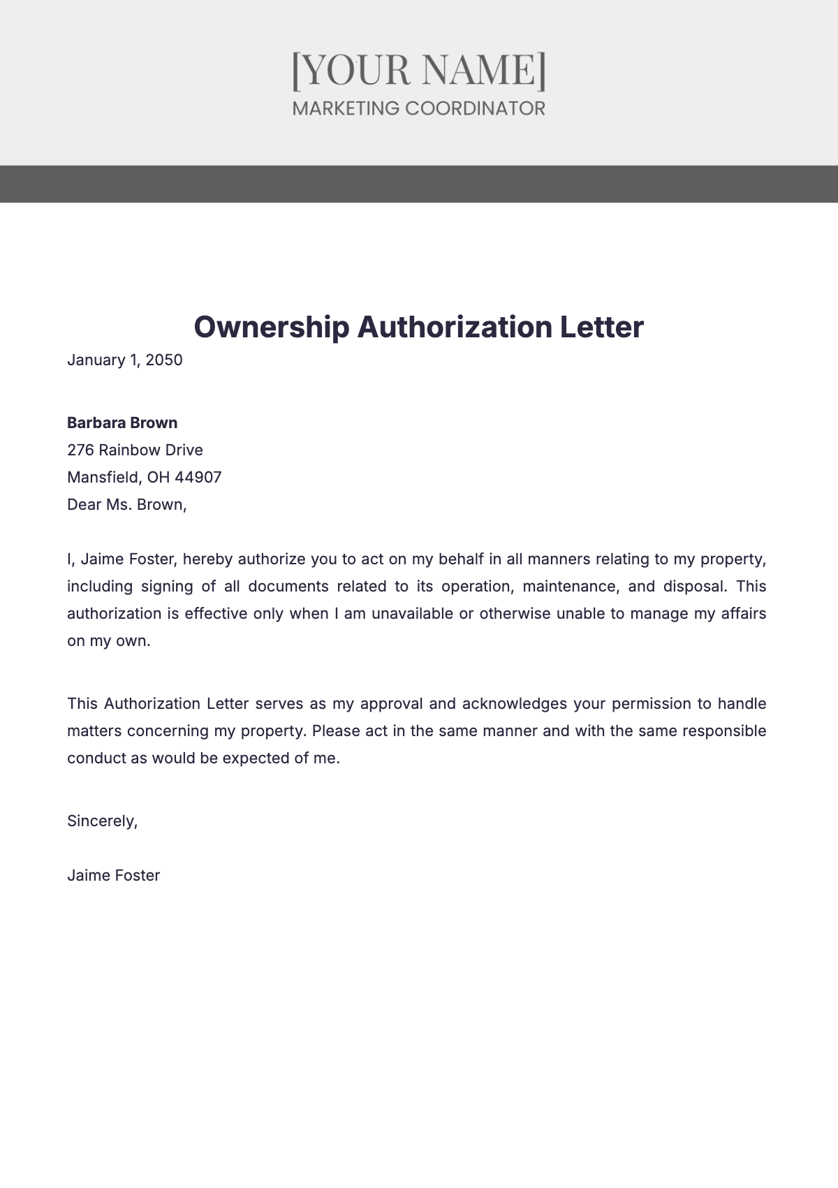 Ownership Authorization Letter Template - Edit Online & Download