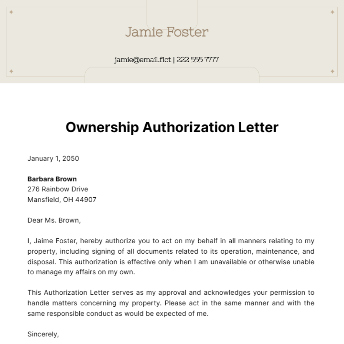 Free Ownership Authorization Letter Template