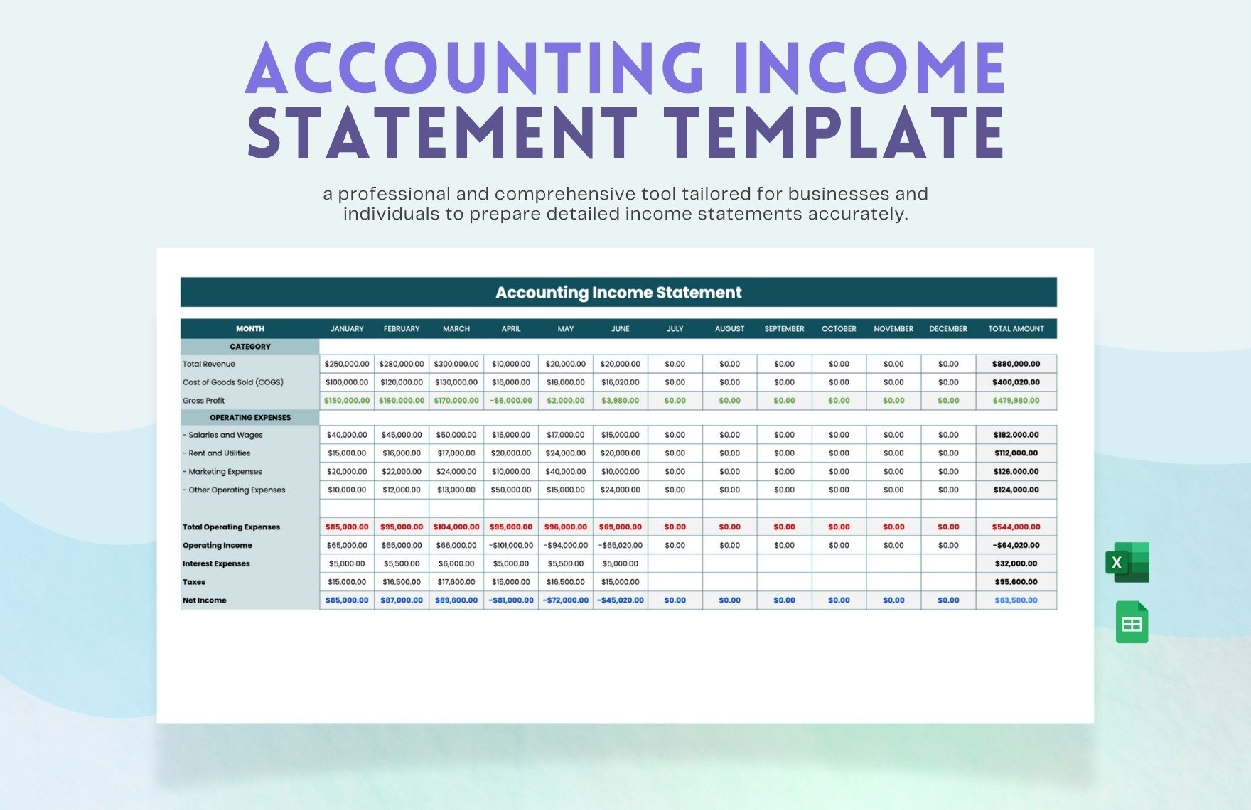 Accounting Income Statement Template in Excel, Google Sheets