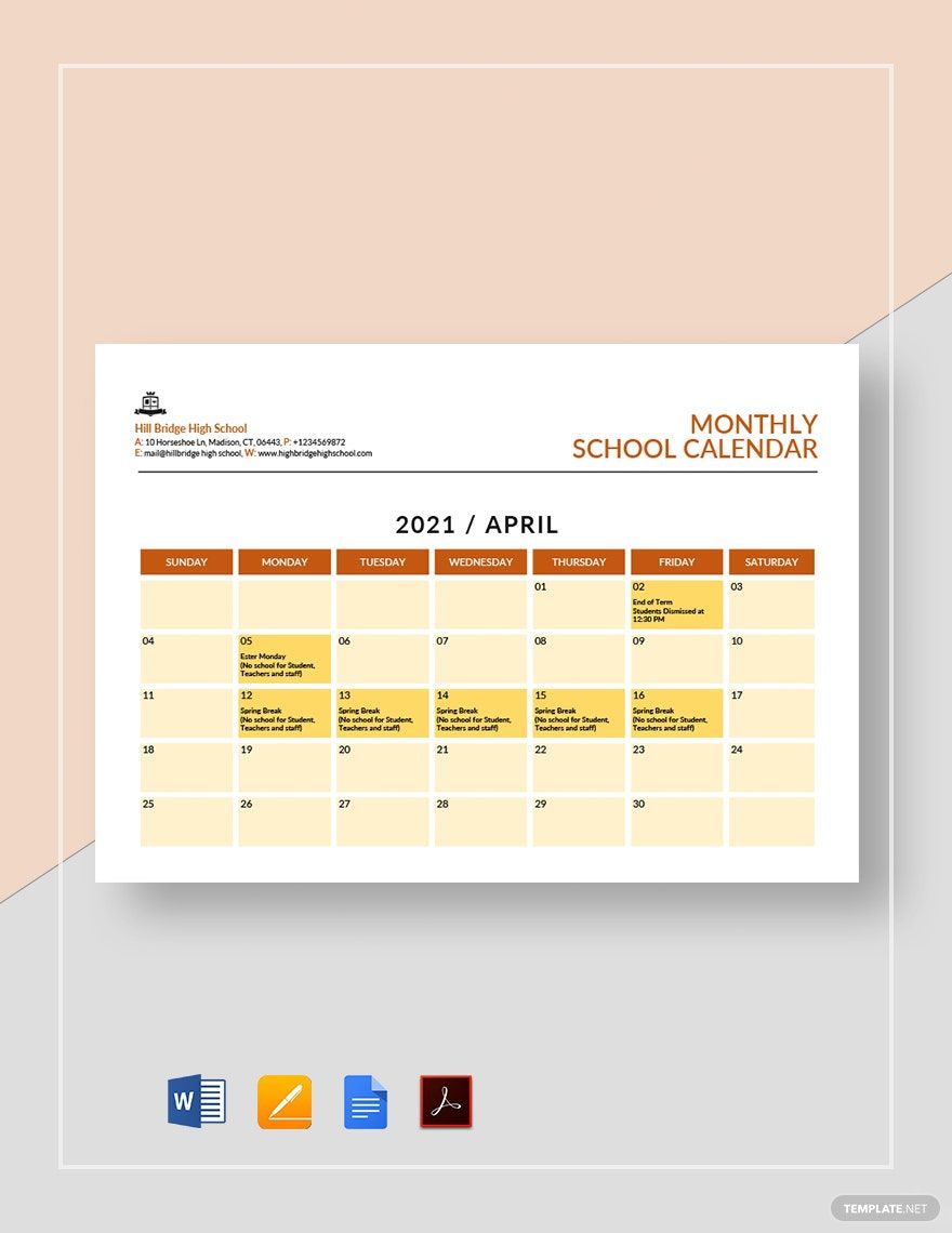 Monthly School Calendar Template in Word, Pages, Google Docs, PDF