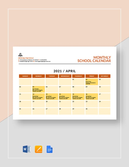 monthly school calendar