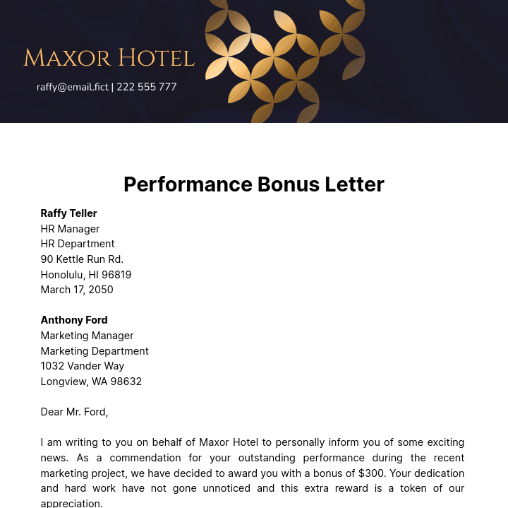 Performance Bonus Letter Template