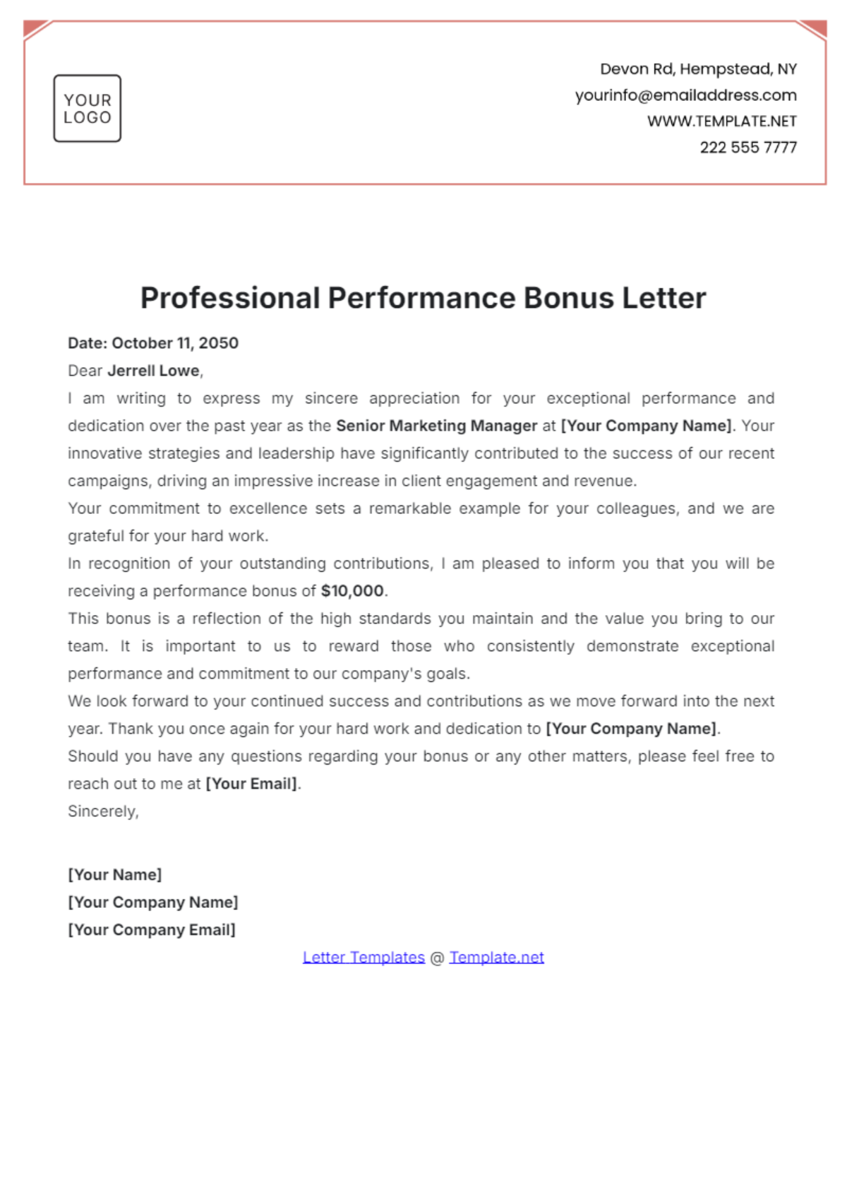 Professional Performance Bonus Letter Template - Edit Online & Download