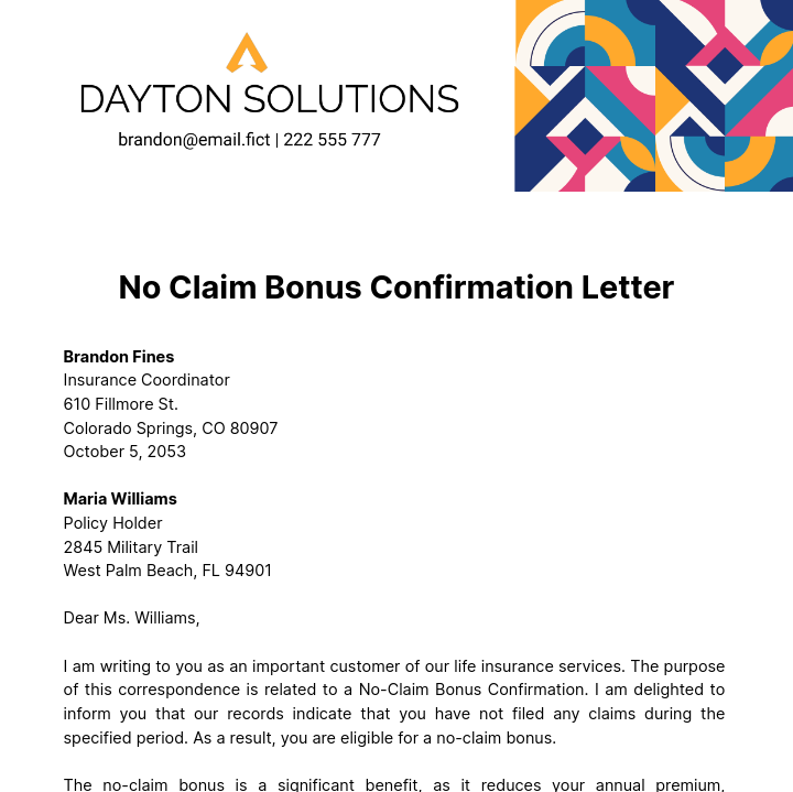 No Claim Bonus Comfirmation Letter Template
