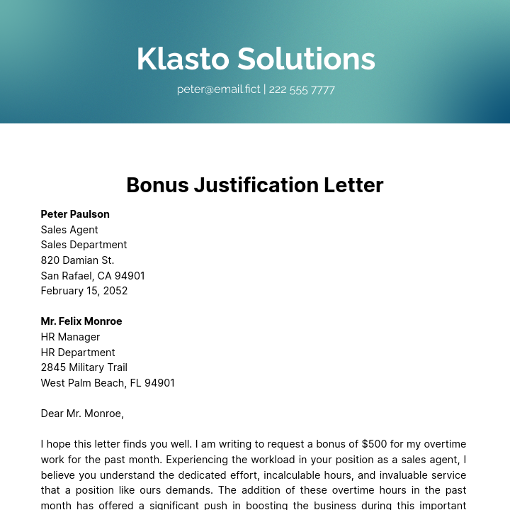 Bonus Justification Letter Template