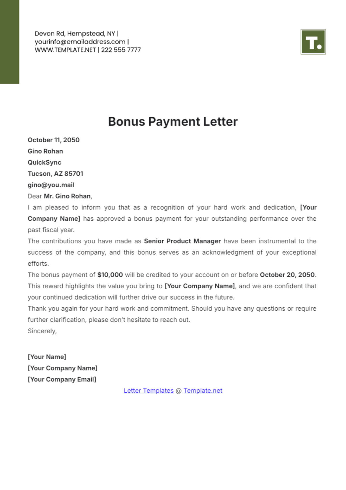 Bonus Payment Letter Template - Edit Online & Download