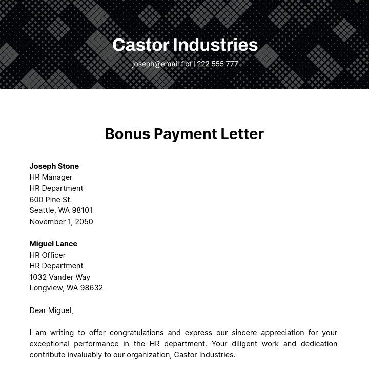 Bonus Payment Letter Template