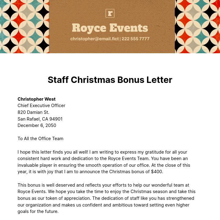 Staff Christmas Bonus Letter Template