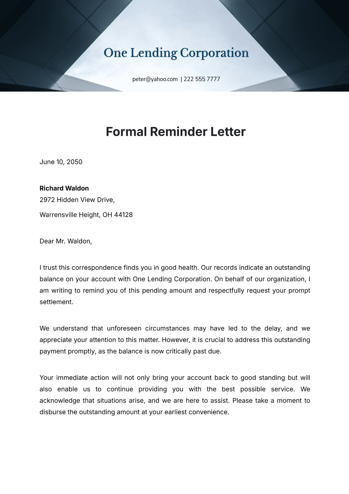 Free Formal Reminder Letter Template