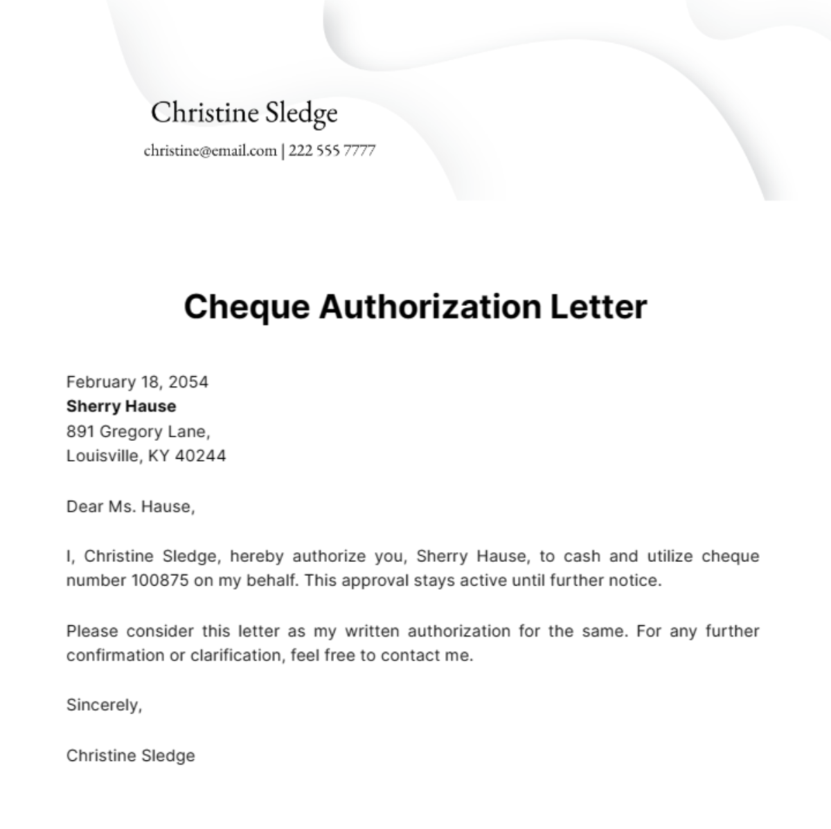 Cheque Authorization Letter Template