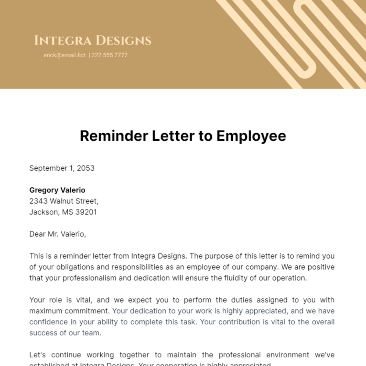 Reminder Letter to Employee Template