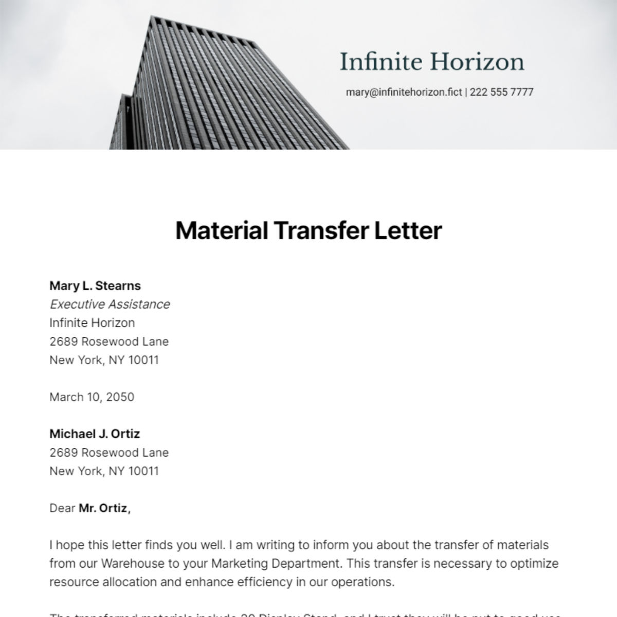Material Transfer Letter Template