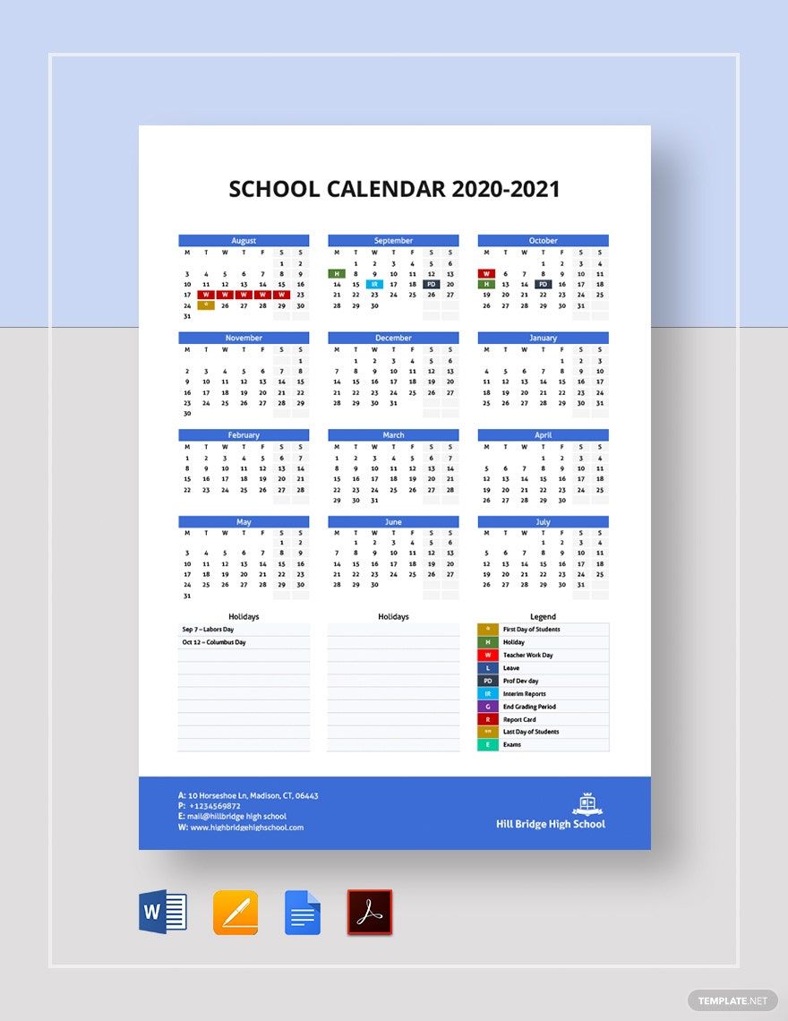 Printable School Calendar Template