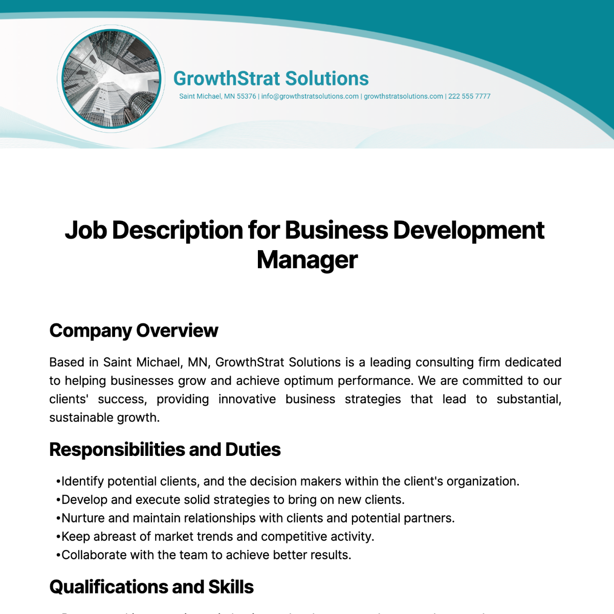 Job Description for Business Development Manager Template