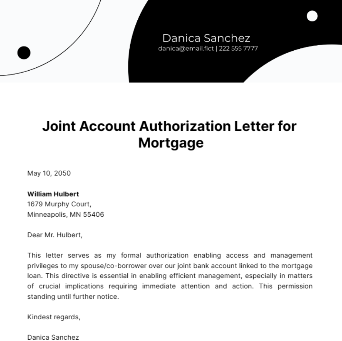 Free Joint Account Authorization Letter for Mortgage Template