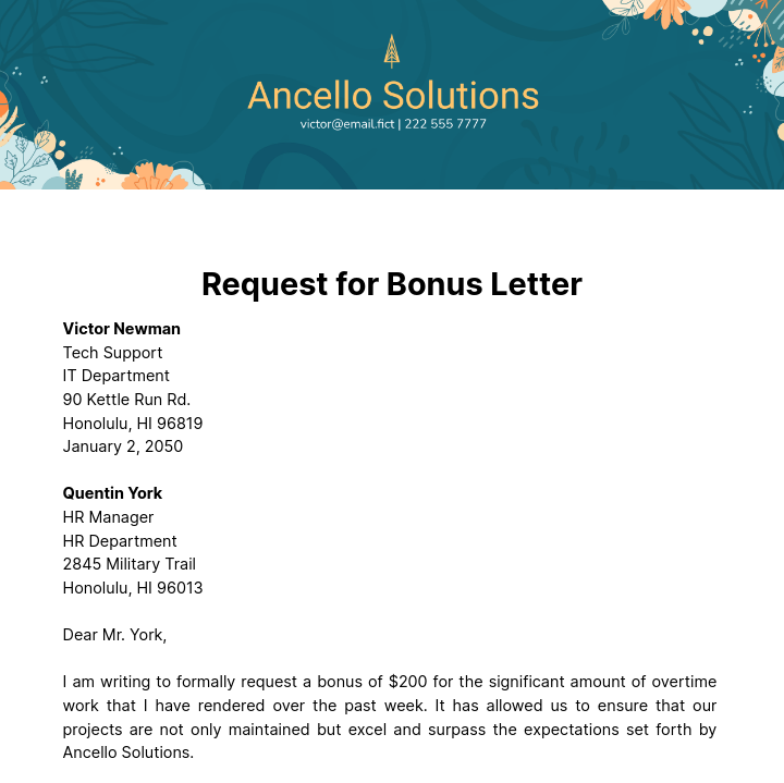 Request for Bonus Letter Template