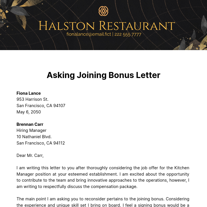 Asking Joining Bonus Letter Template
