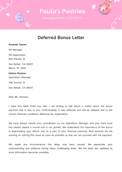 Free Deferred Bonus Letter Template to Edit Online