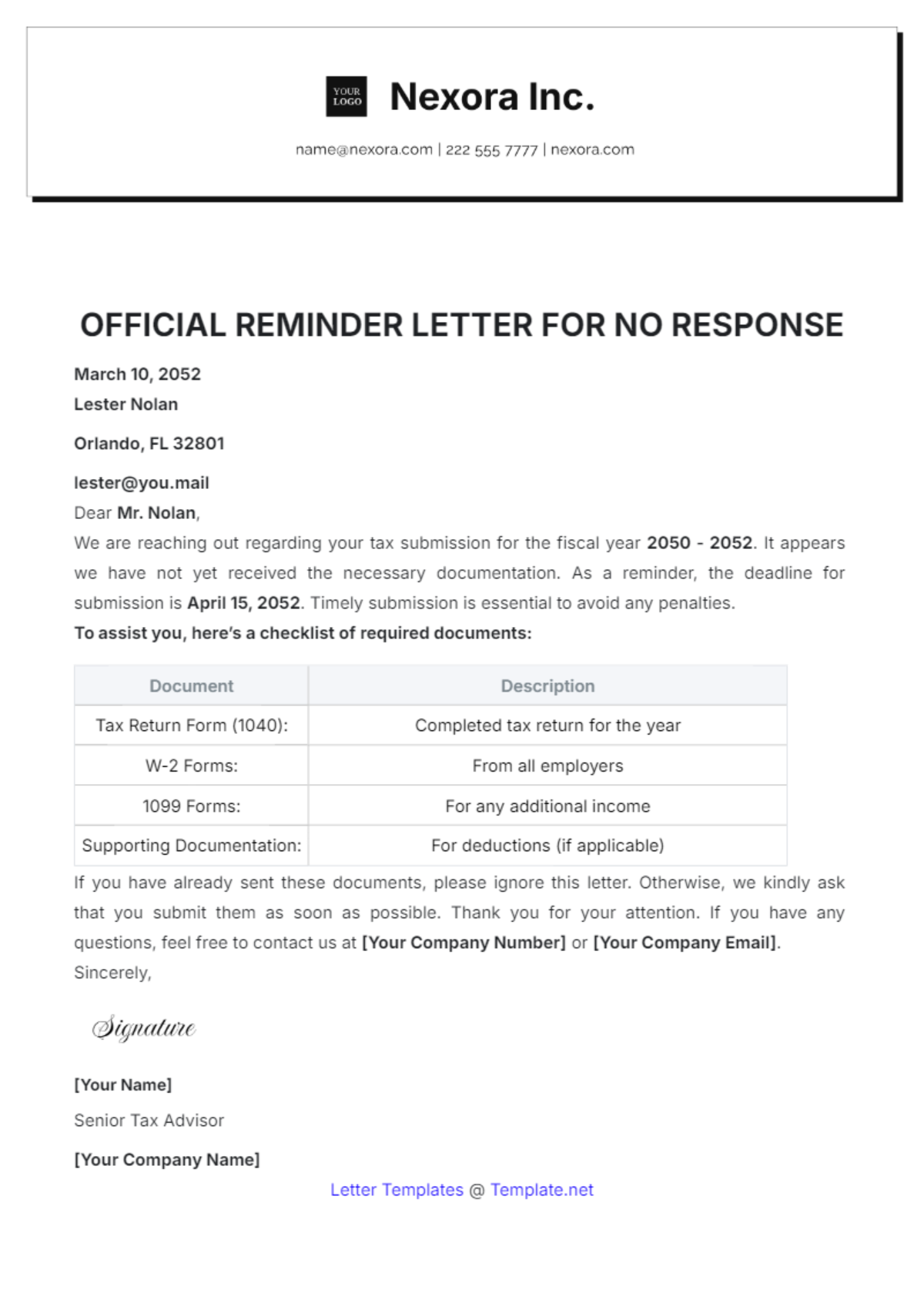 Official Reminder Letter for No Response Template