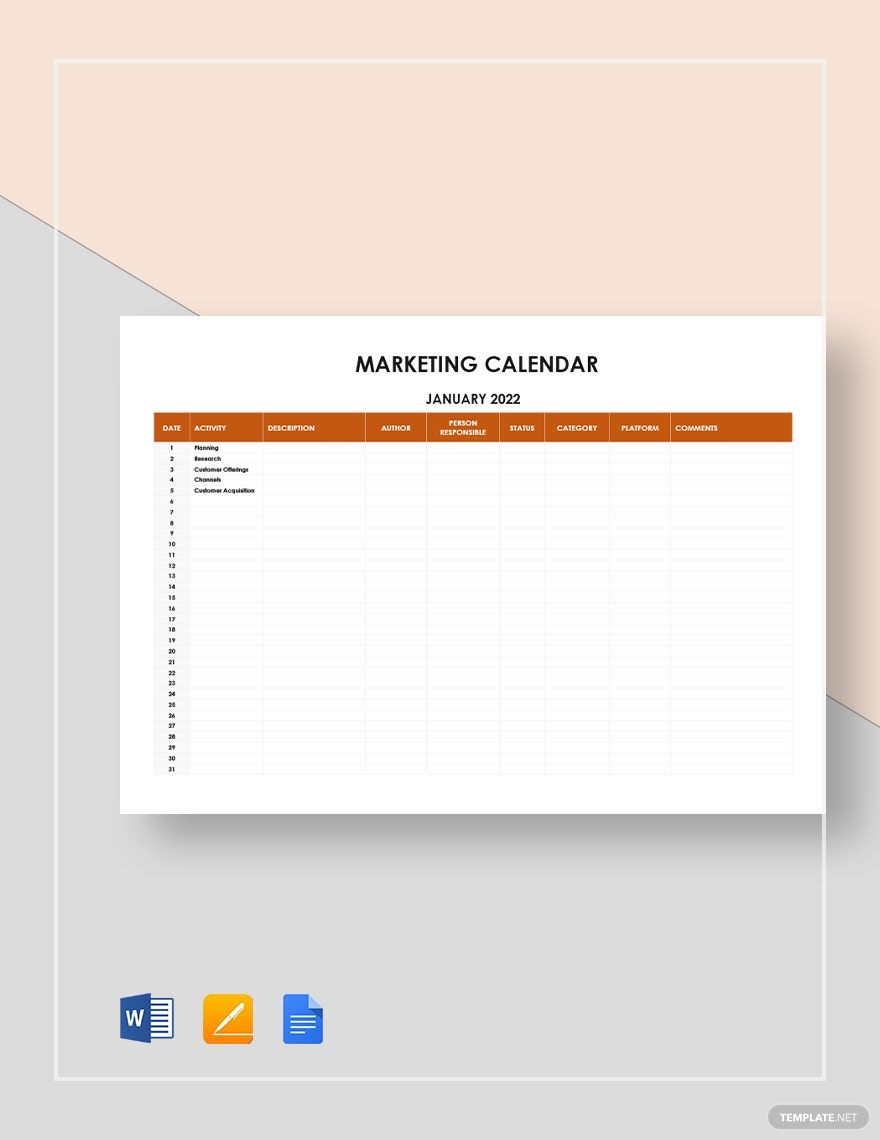 Sample Marketing Calendar Template
