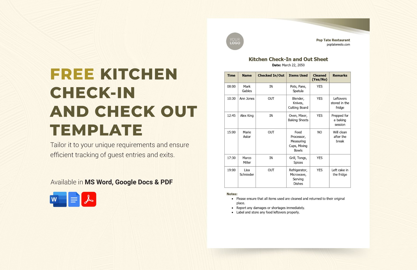 Kitchen Check-in and Out Template