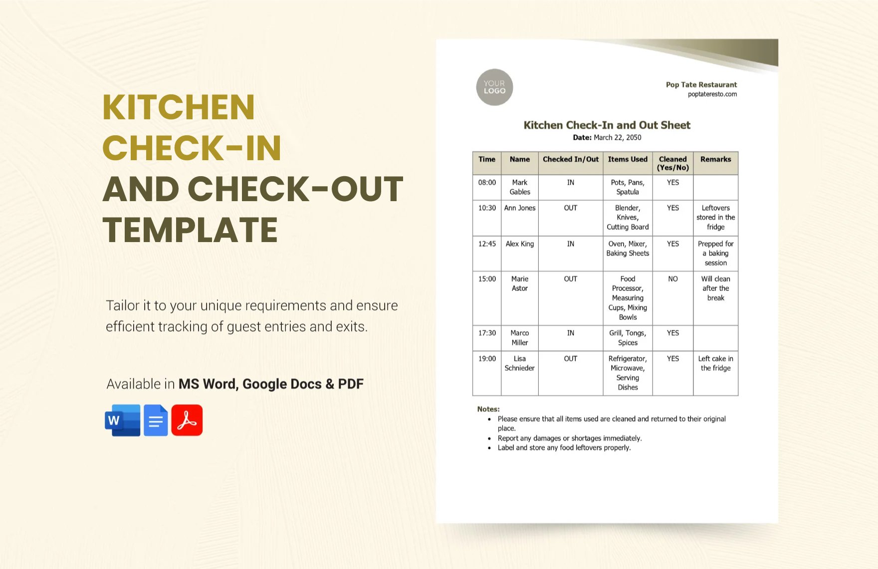 Free Kitchen Check-in and Out Template in Word, Google Docs, PDF
