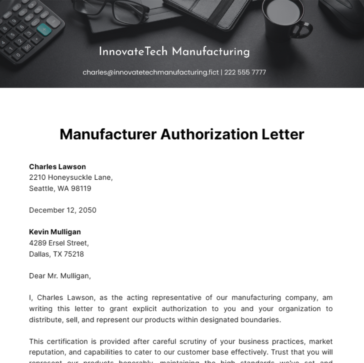 Free Manufacturer Authorization Letter Template