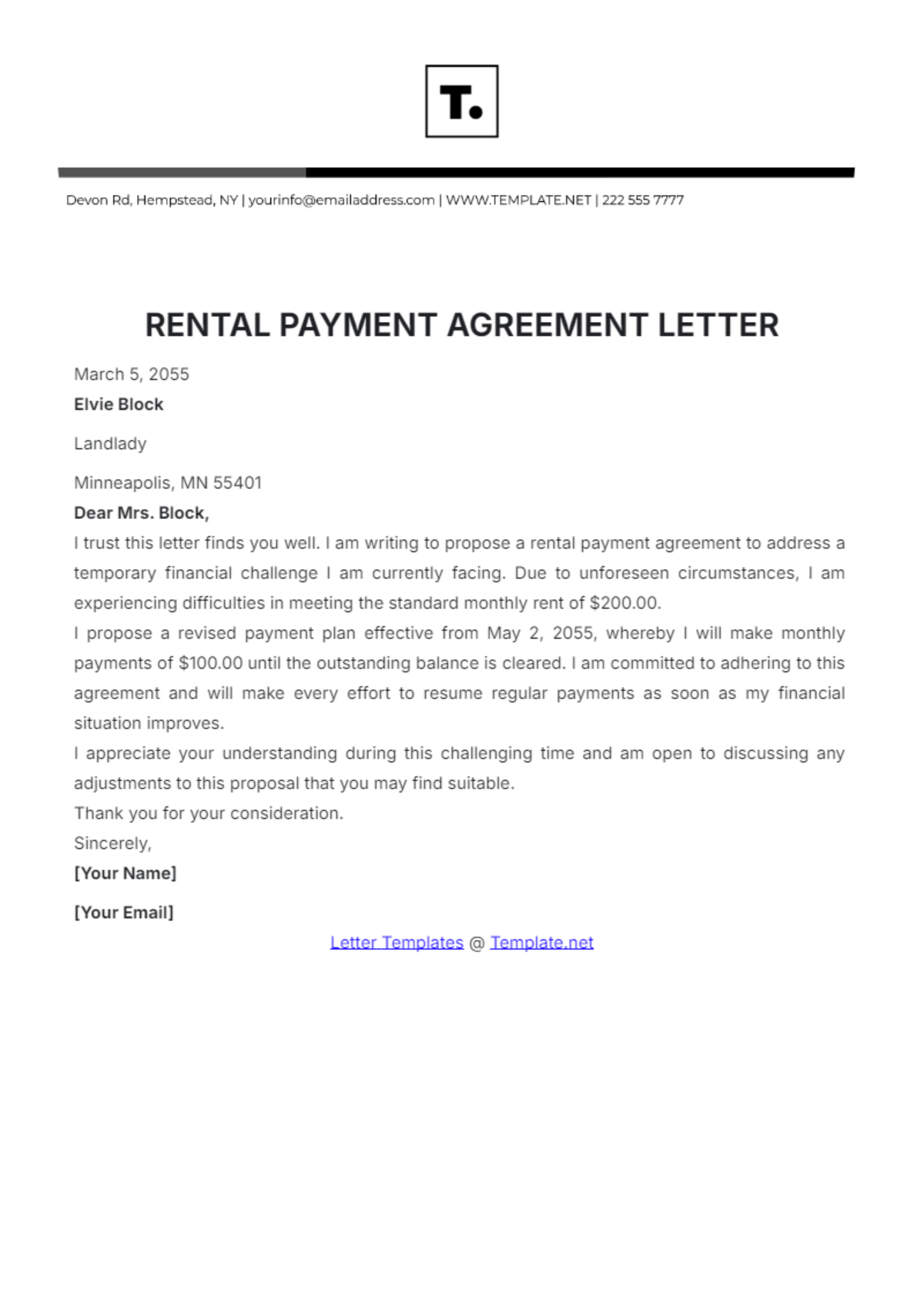 Rental Payment Agreement Letter Template - Edit Online & Download