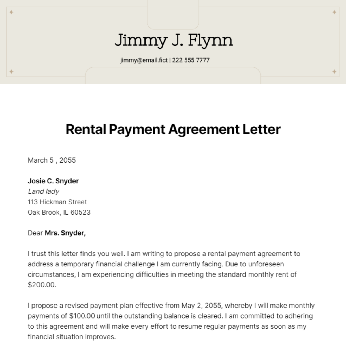 Free Rental Payment Agreement Letter Template