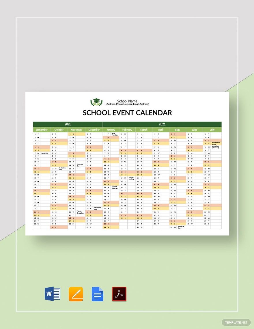 School Event Calendar Template Google Docs Word Apple Pages PDF 