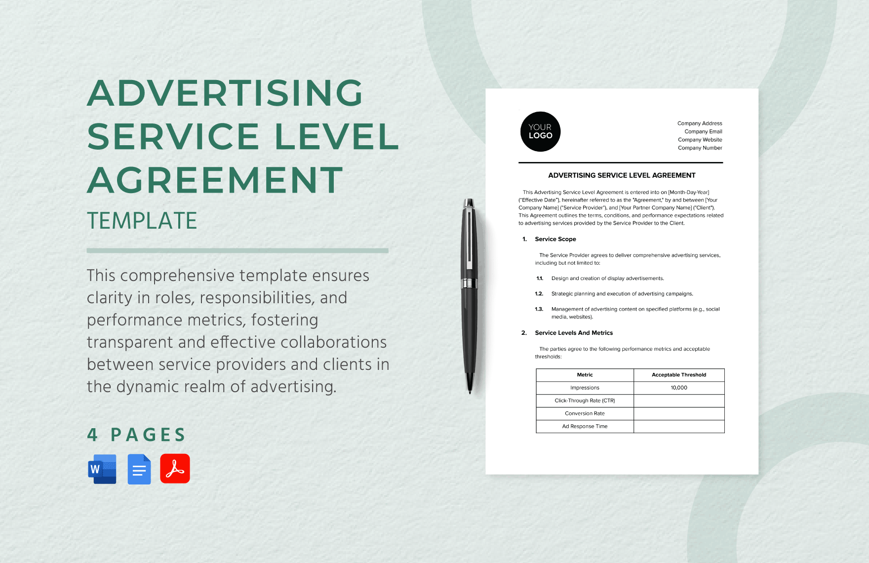 Advertising Service Level Agreement Template in Word, Google Docs, PDF